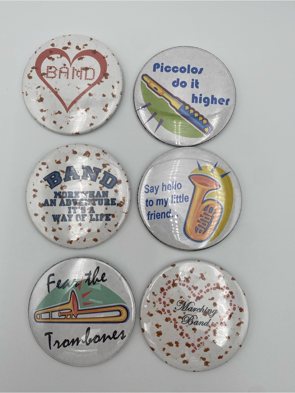 Set of 6 Marching Band Pinback Buttons - White with Multicolor Graphics